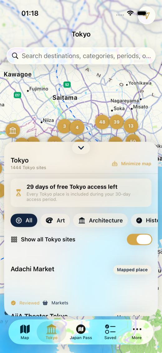 Kokoroute map and Tokyo discovery interface